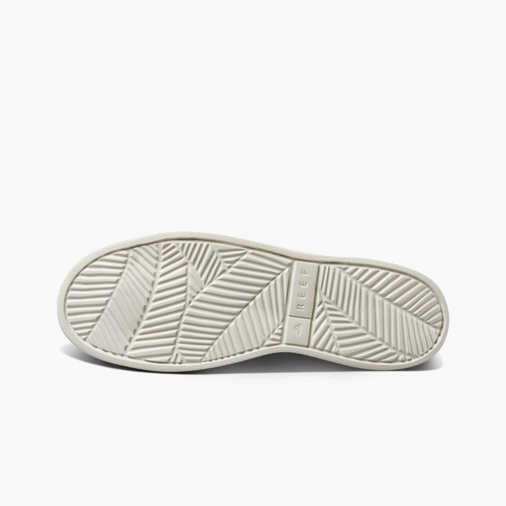 Off-white sole of a sneaker with a repeating leaf-like pattern and the word "REEF".