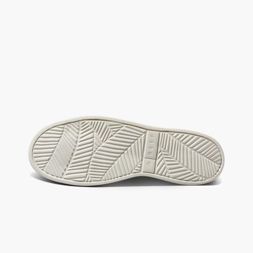 Off-white sole of a sneaker with a repeating leaf-like pattern and the word "REEF".