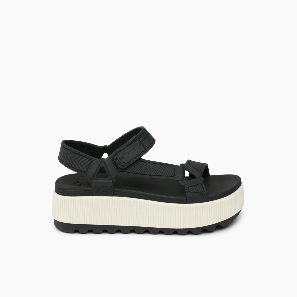 A black platform sandal with an off-white sole.