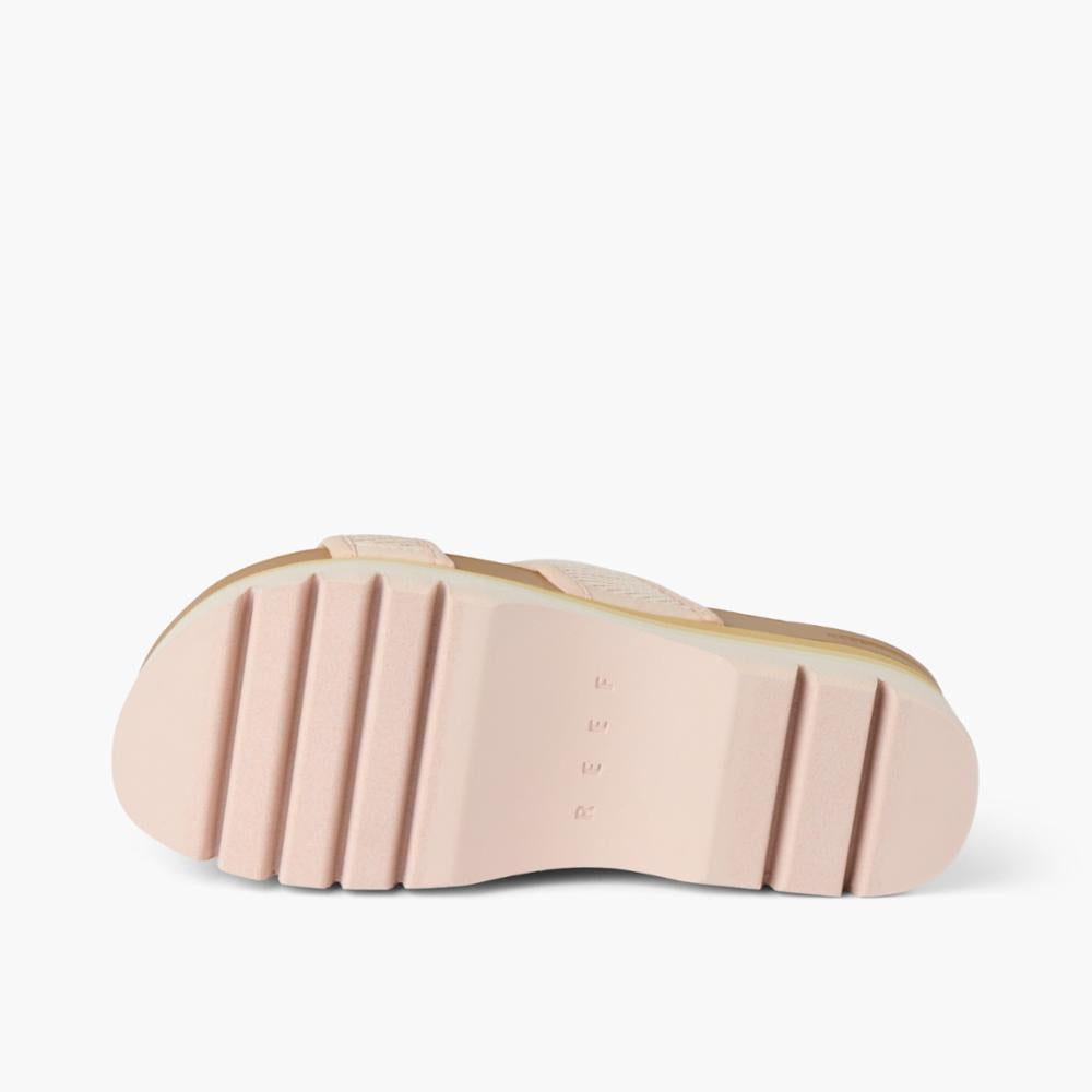 Pink sandal bottom with ridges.