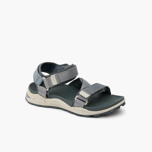 Gray sandal with adjustable straps and thick, tan and gray sole.