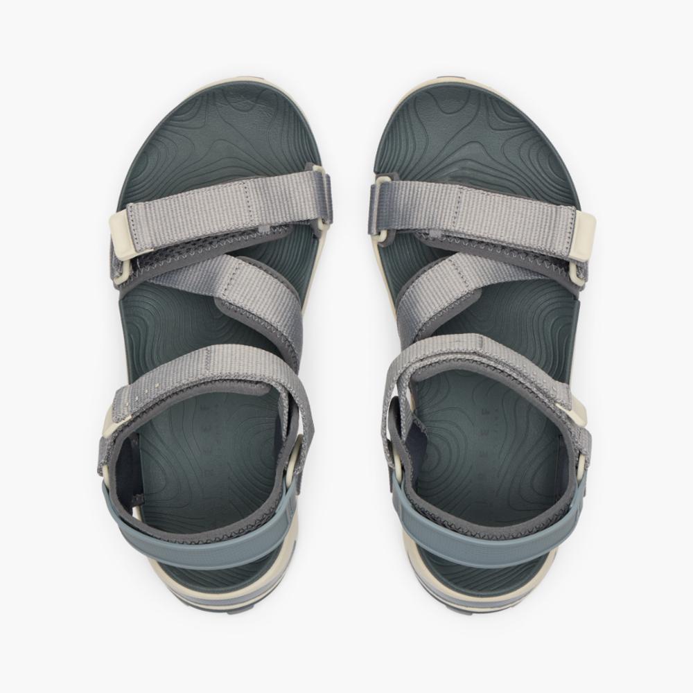 Overhead view of gray sandals with adjustable straps.