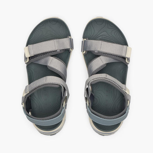 Overhead view of gray sandals with adjustable straps.
