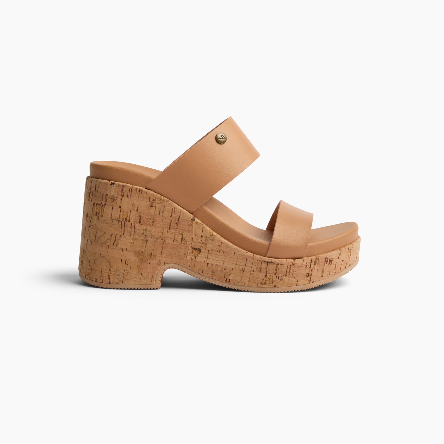 Tan platform sandal with cork heel and dual straps.