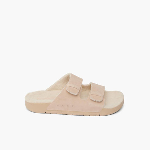 Slide sandal with two adjustable velcro straps and a cushioned, faux-fur footbed.