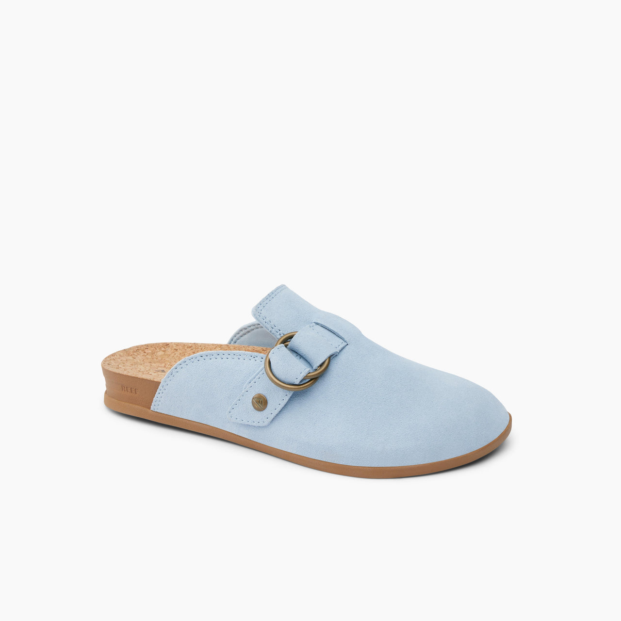 Light blue clog shoe with metal ring and cork sole