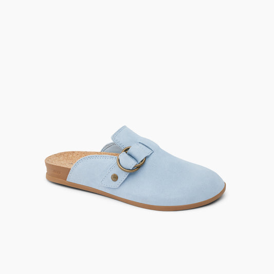 Light blue clog shoe with metal ring and cork sole