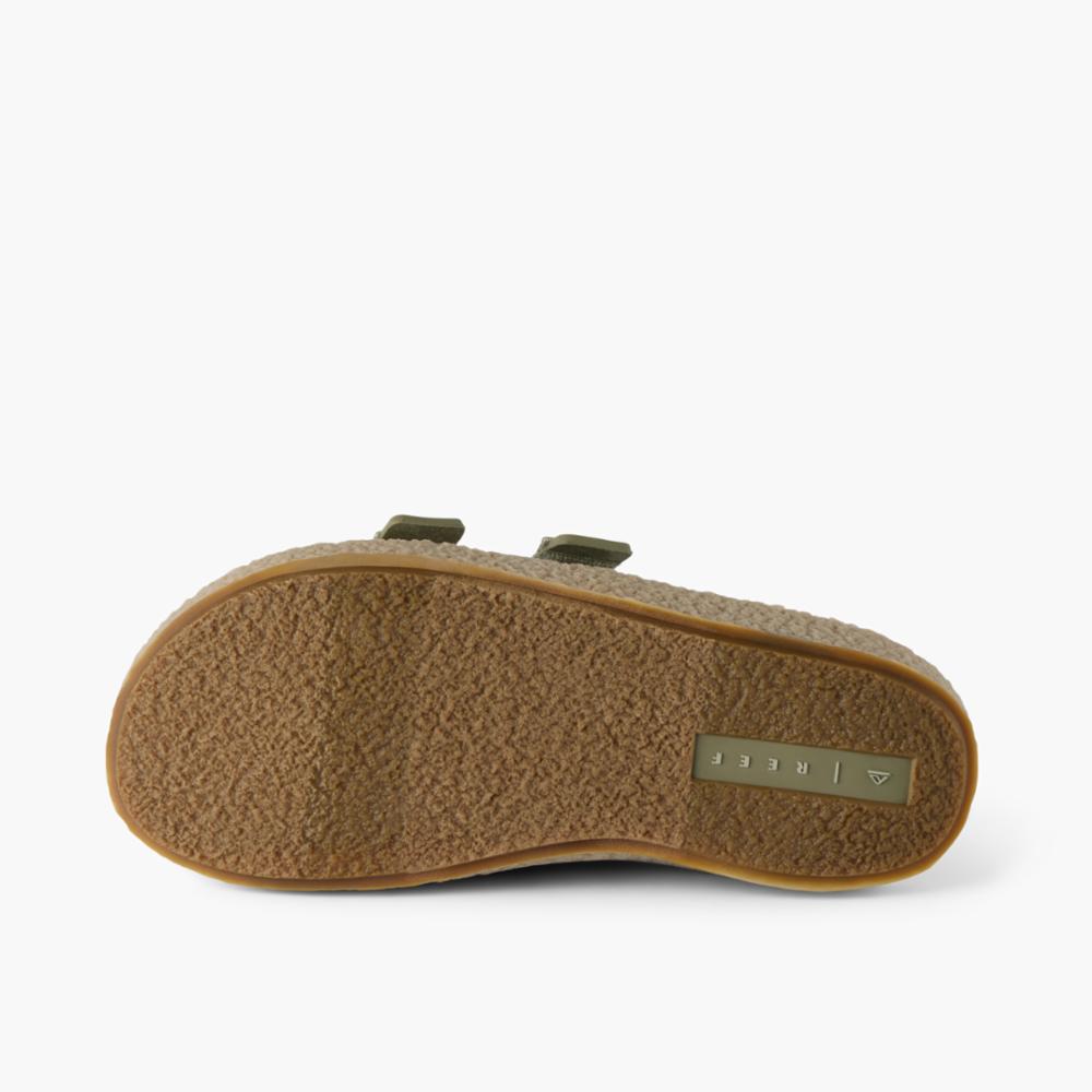 Bottom view of a fuzzy, olive-green sandal with a ridged, brown sole.