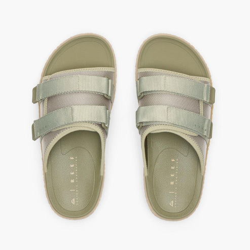 Pair of olive green slide sandals with two straps