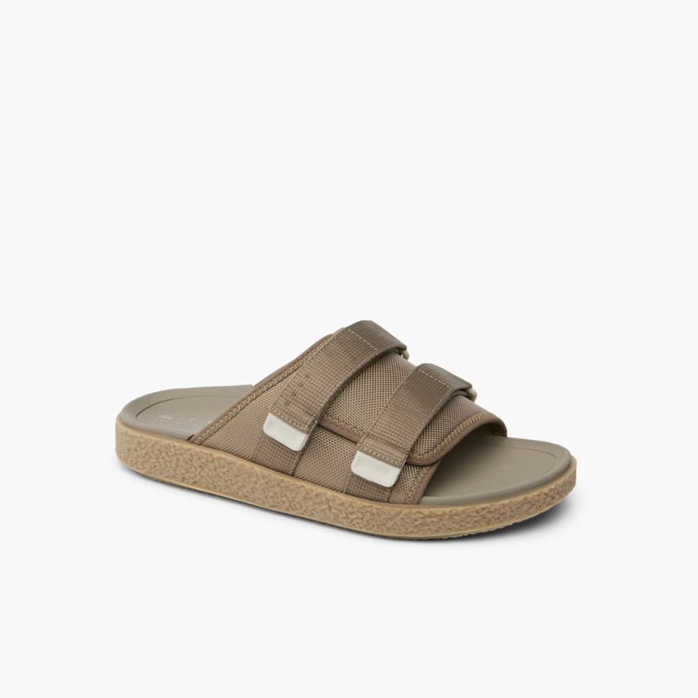 Khaki slide sandal with two velcro straps.