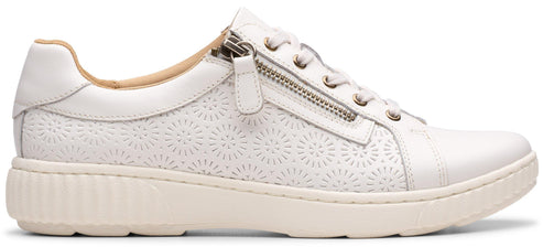 White leather sneaker with perforated pattern and side zipper.