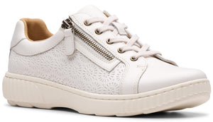 White leather sneaker with a side zipper and white laces.