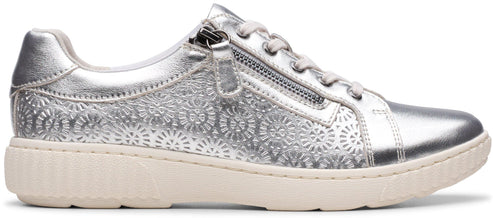 Silver sneaker with zipper detail.