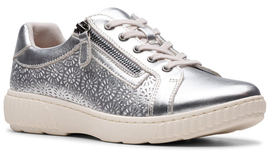 Silver sneaker with front laces and a zipper closure on the side.