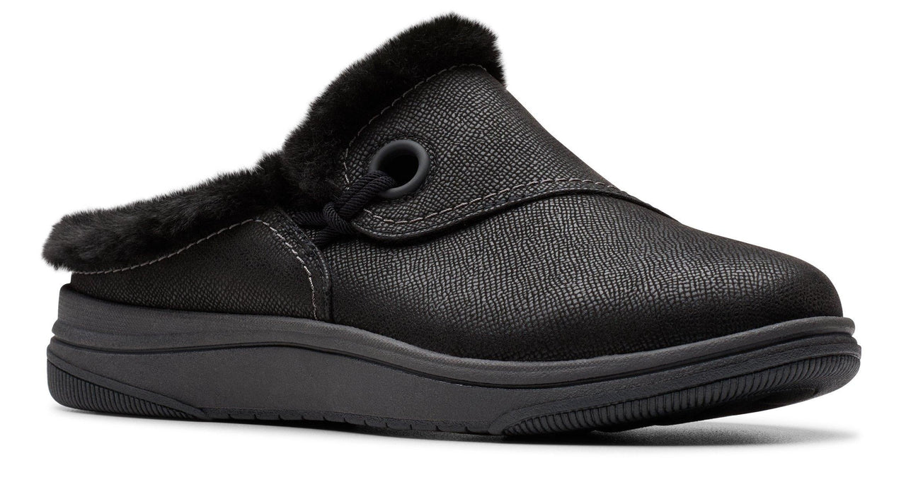 Black slip-on clog with faux fur trim.