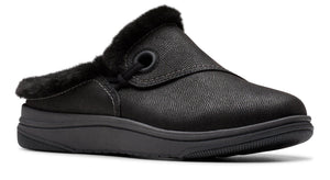 Black slip-on clog with faux fur trim.