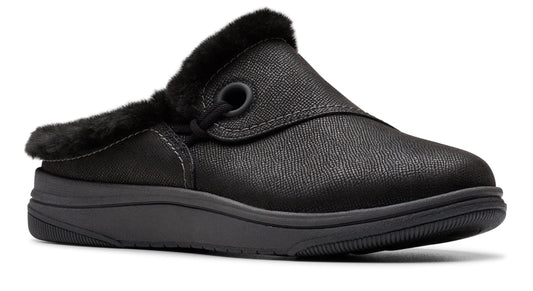 Black slip-on clog with faux fur trim.