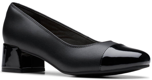 A black leather pump shoe with a glossy, patent-finish block heel and a matching glossy patent-finish toe cap.