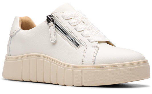 Low-top white sneaker with laces and a side zipper.