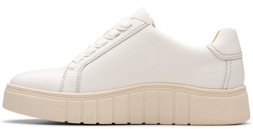 White leather sneaker with a thick beige sole and lace-up closure.