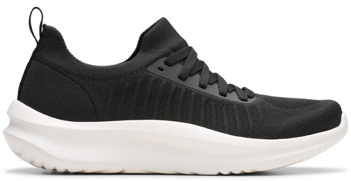 Black sneaker with white sole and black laces.