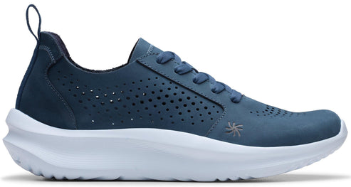 A blue sneaker with a thick white sole, featuring a lace-up closure and decorative perforations.