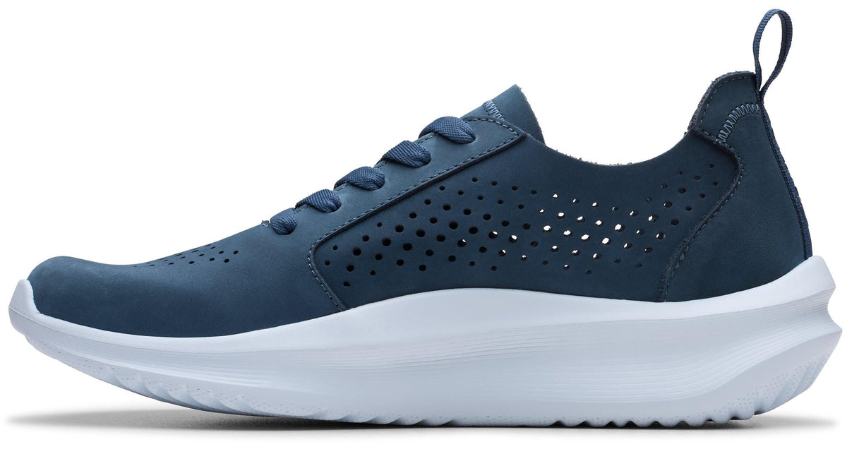 Side view of a slate blue sneaker with a white sole, round laces, and a perforated design on the upper.