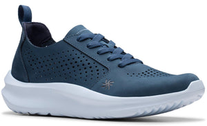 Low-top blue sneaker with a white sole and a palm tree logo.
