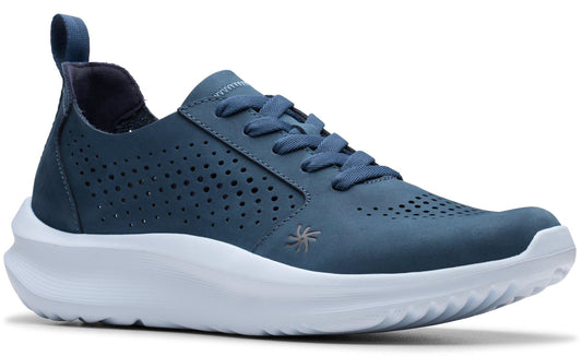 Low-top blue sneaker with a white sole and a palm tree logo.
