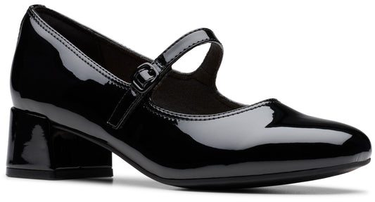A black patent leather Mary Jane pump with a round toe and a block heel, featuring a single adjustable strap with a buckle across the instep.
