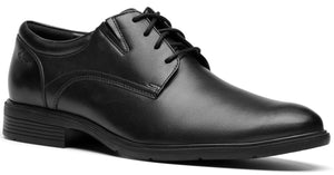 Black leather dress shoe with lace-up closure and a low heel.