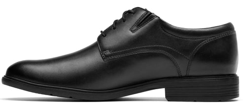 A black leather dress shoe with a lace-up closure and a low heel.