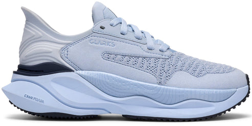 A light blue athletic shoe with visible CLARKS branding on the side.
