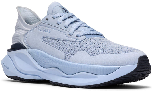 Light blue athletic shoe with mesh and suede upper, sculpted sole and "CLARKS" text on side.