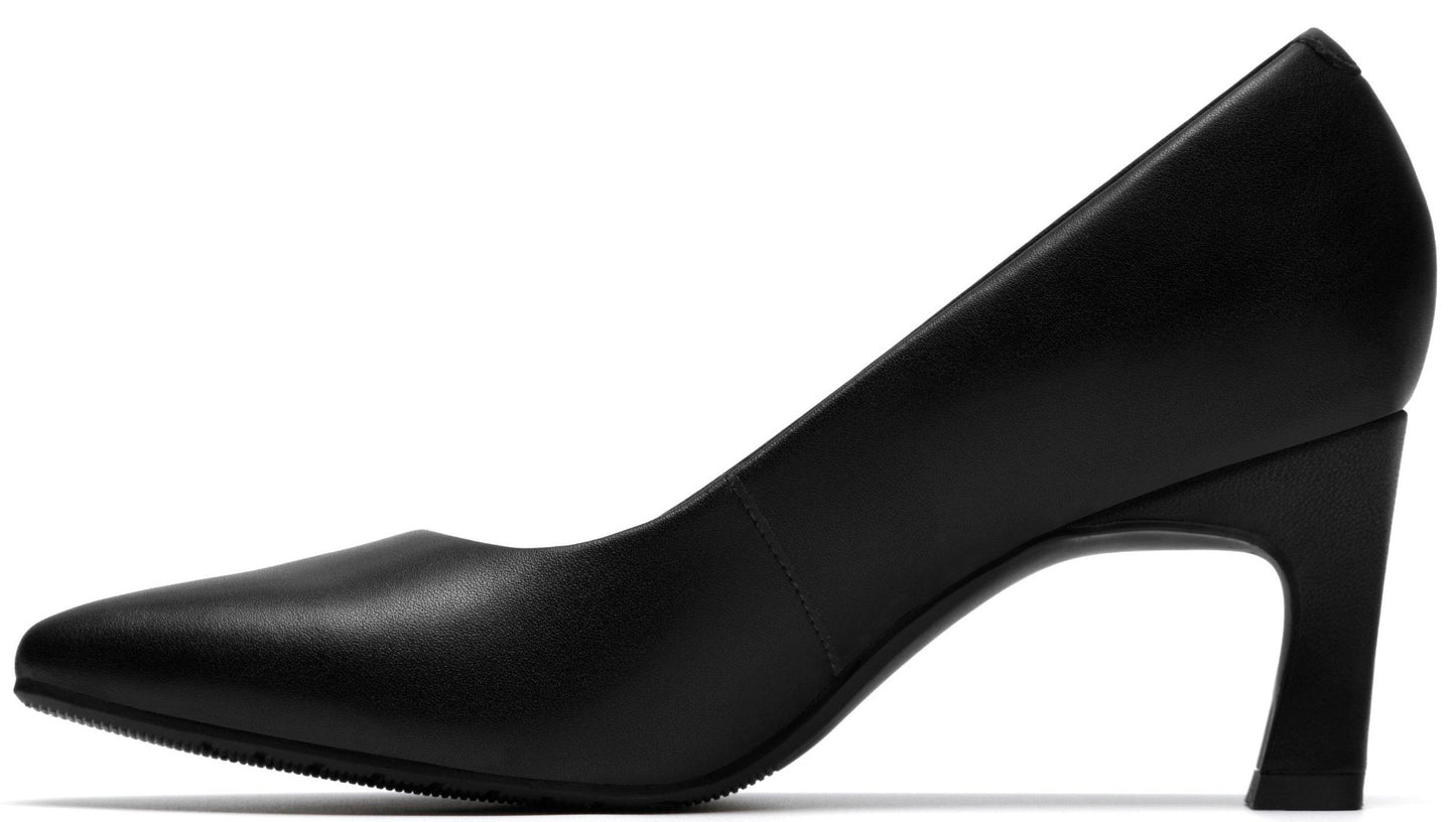 A black leather heel with a pointed toe.
