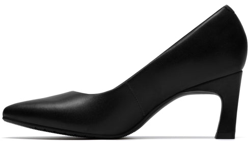 A black leather heel with a pointed toe.