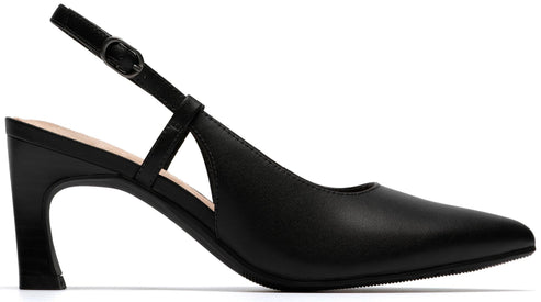 Black, high-heeled slingback shoe with a pointed toe and adjustable buckle strap.