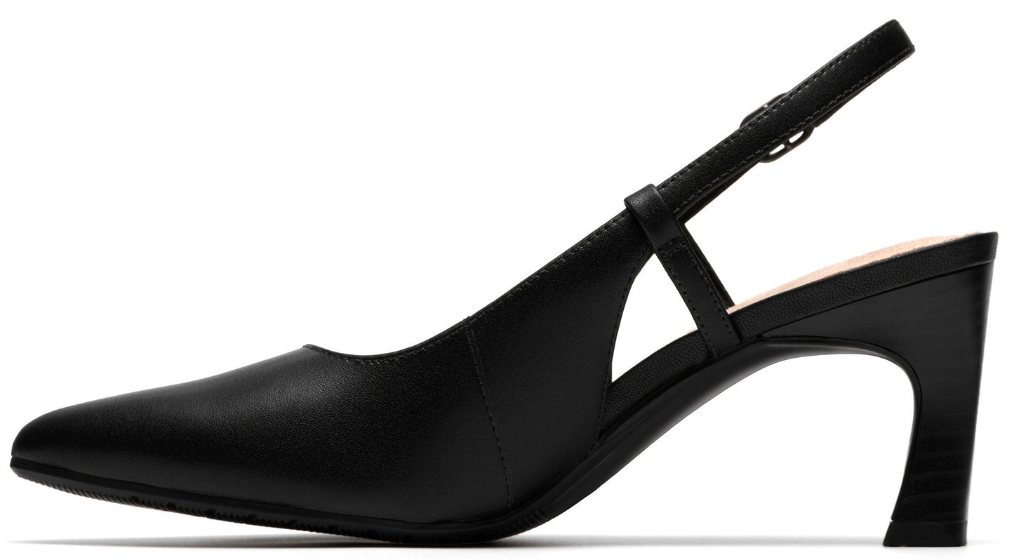 Black pointed-toe pump shoe with block heel and slingback strap.
