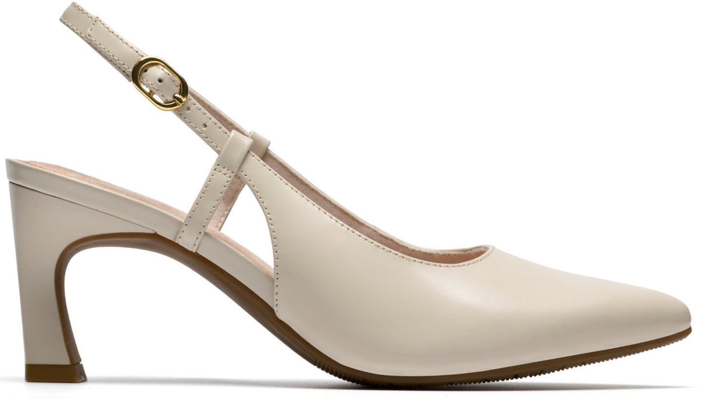 Cream-colored leather high heel slingback shoe with gold buckle.