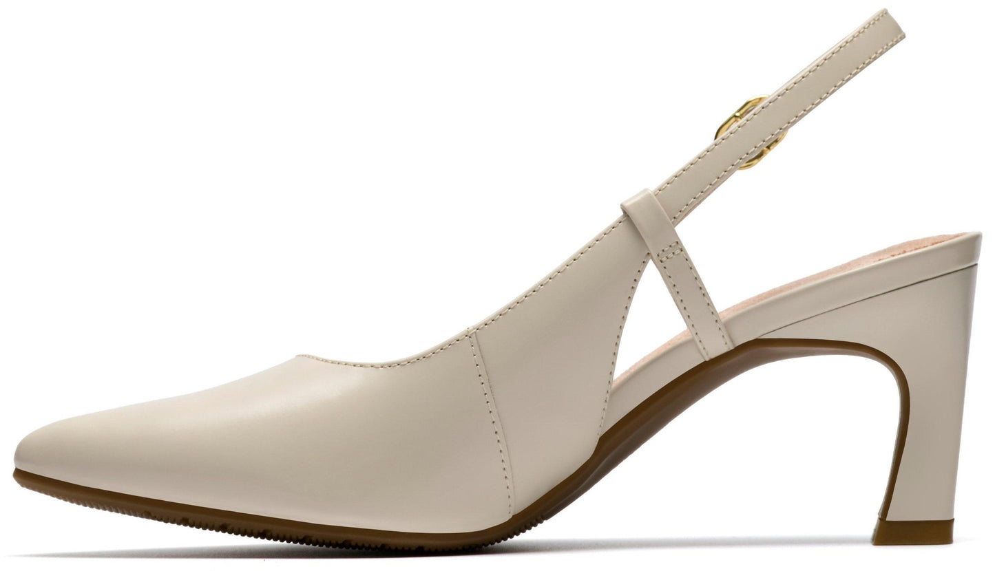 Off-white leather pointed-toe slingback heeled shoe with adjustable gold buckle.