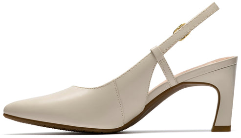 Off-white leather pointed-toe slingback heeled shoe with adjustable gold buckle.