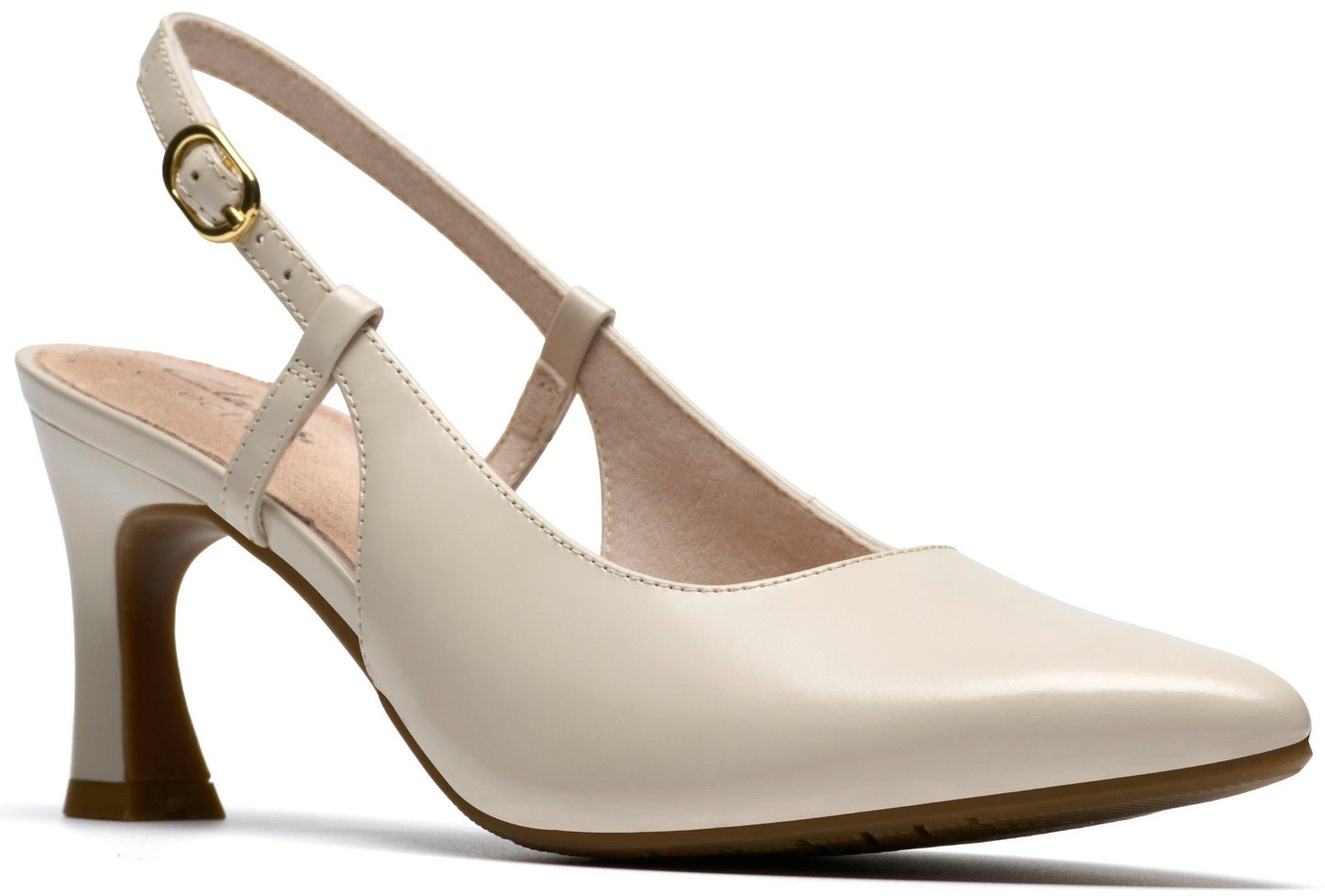 Light beige high heel slingback shoe with buckle.