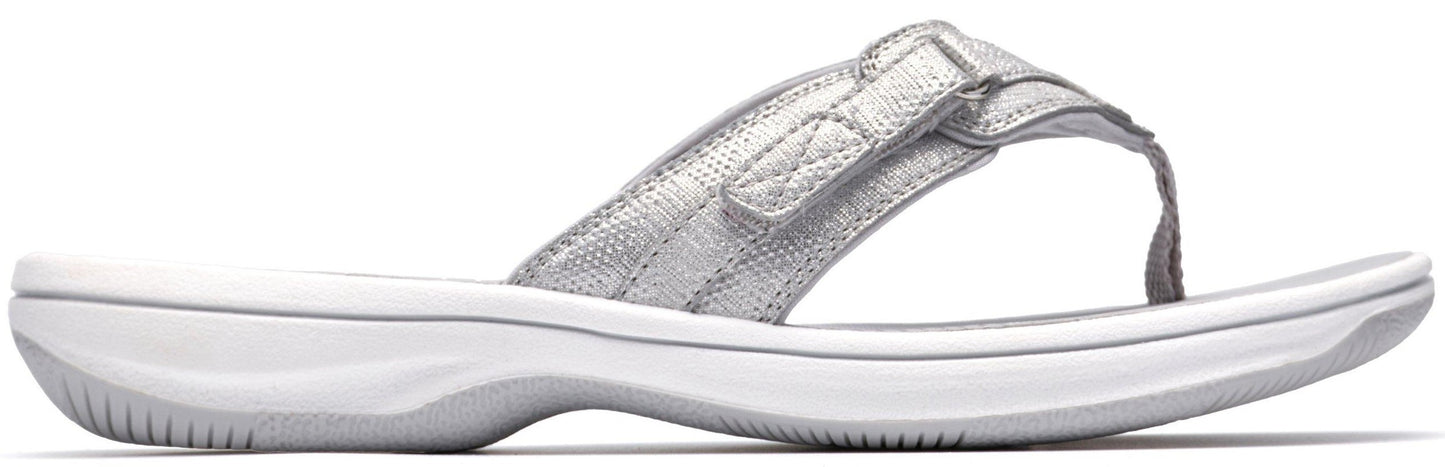 A silver flip-flop sandal with an adjustable strap.