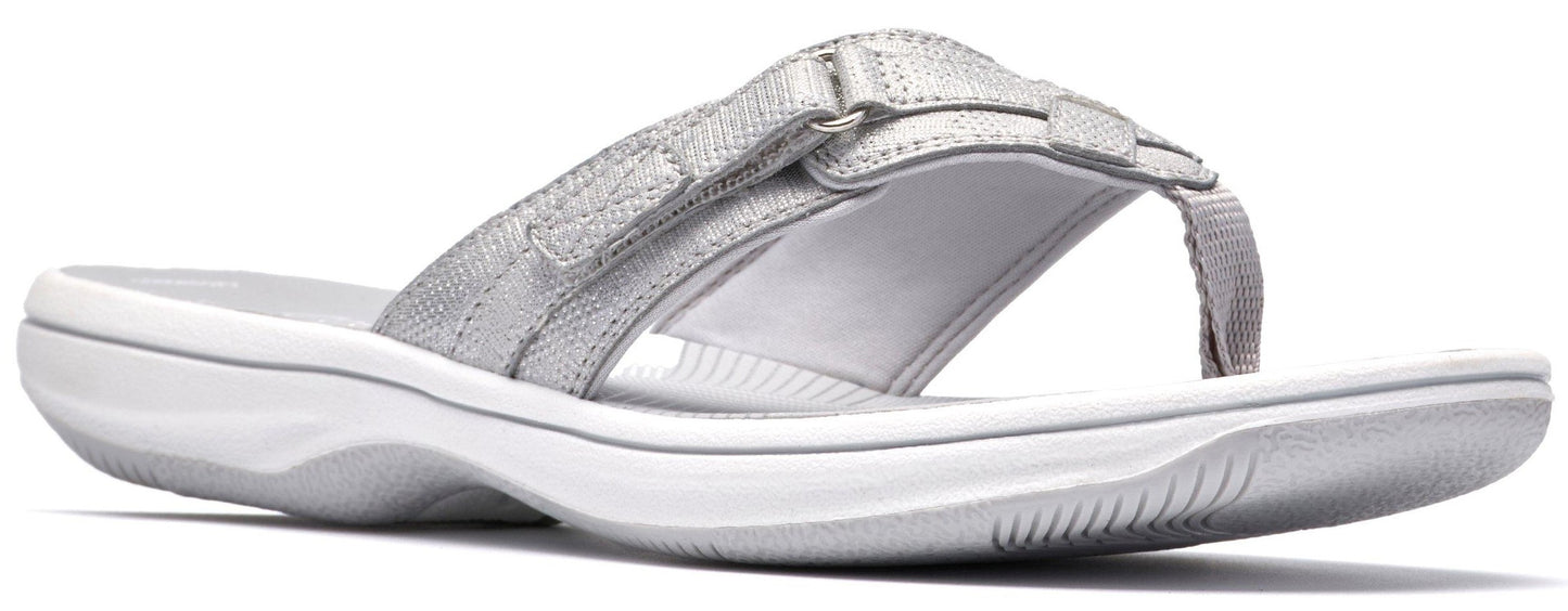 A silver flip-flop sandal with an adjustable strap.