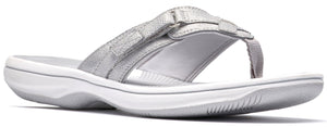 A silver flip-flop sandal with an adjustable strap.