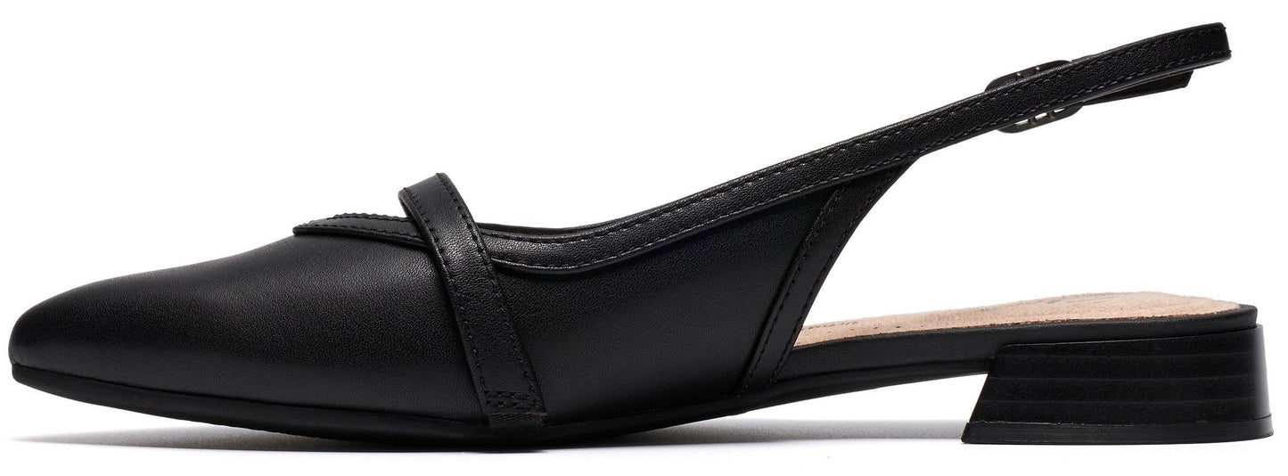 A black, leather, low-heel slingback shoe.