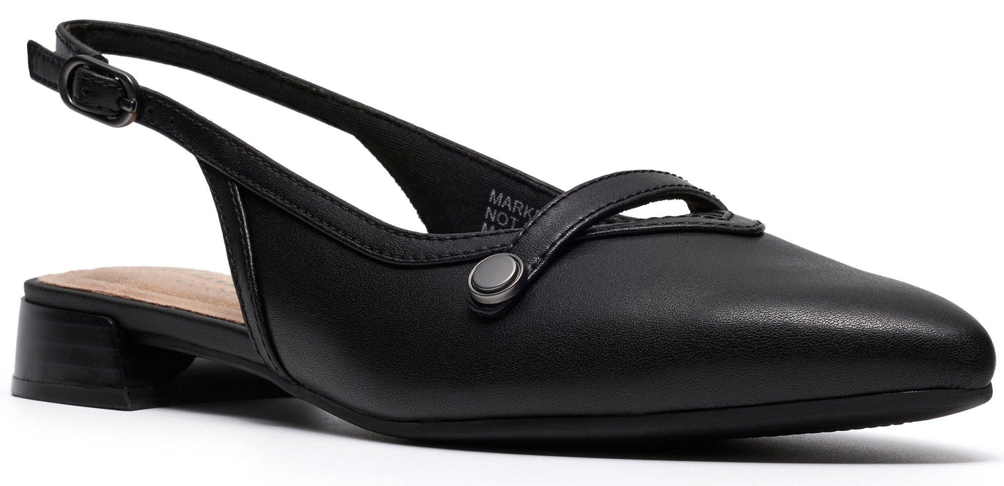 A black slingback heel with a strap.