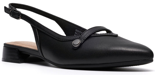 A black slingback heel with a strap.