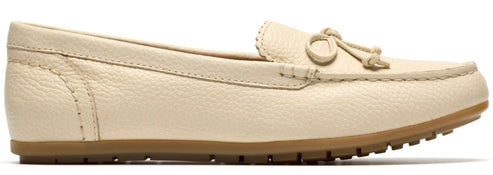 Beige leather loafer with knotted laces and a brown sole.