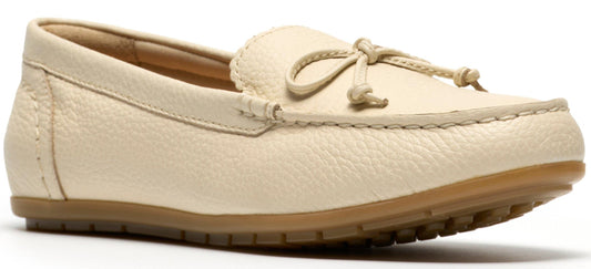 Beige leather moccasin loafer with a tie on top.